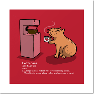 Funny Cute Kawaii Handdrawn Capybara Coffeebara Drinking Coffee Cartoon Posters and Art